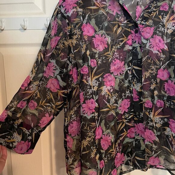 Womens Apparenza Vintage Button Down Sheer Shirt Top Pink Floral Pattern Size XL - Picture 2 of 4